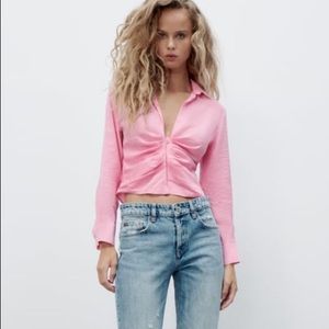 Zara Fluid Ruched Shirt Bubblegum Pink NWT